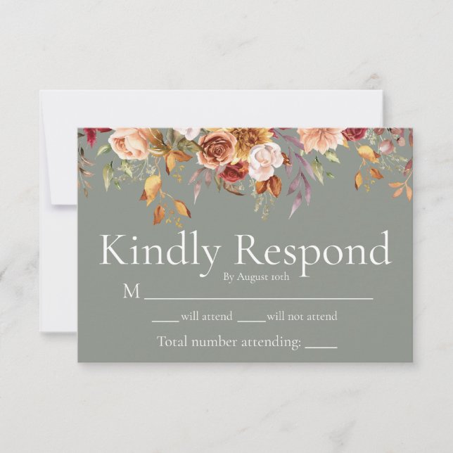 Fall Foliage Floral Sage Green Wedding RSVP Card (Front)