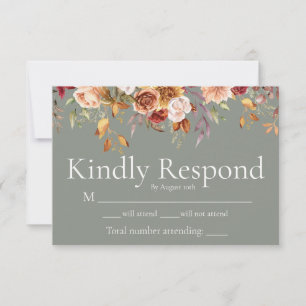 Fall Foliage Floral Sage Green Wedding RSVP Card