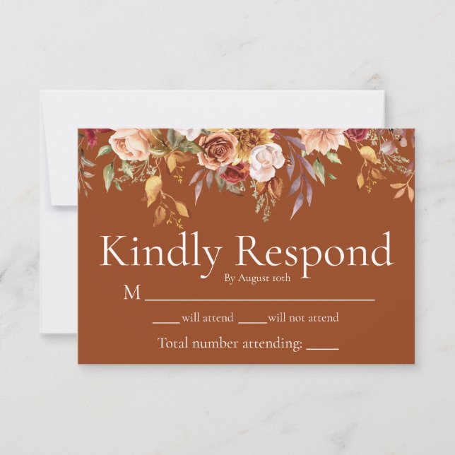 Fall Foliage Floral Terracotta Wedding RSVP Card (Front)
