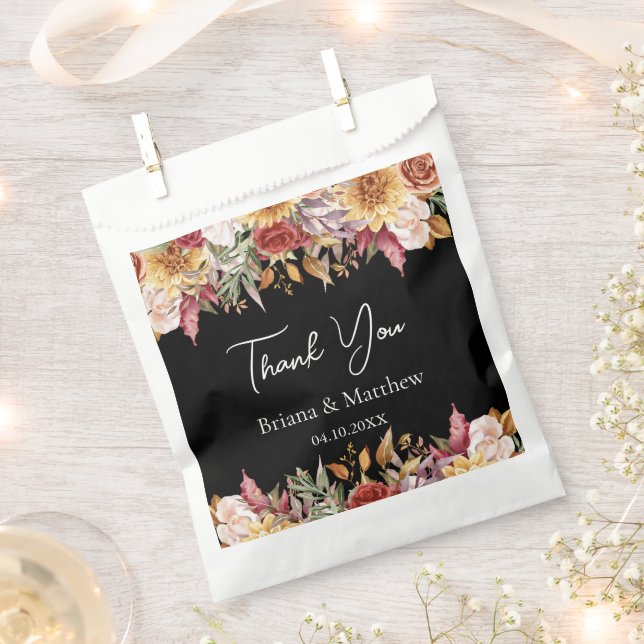 Fall Foliage Flowers Black and White Wedding  Favor Bag (Clipped)