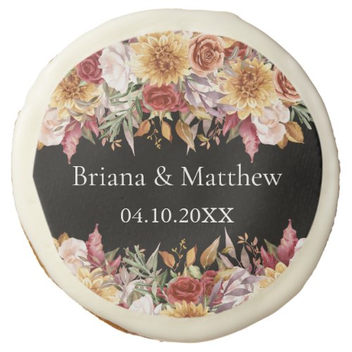 Fall Foliage Flowers Black and White Wedding  Sugar Cookie