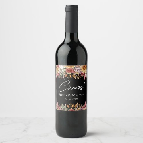 Fall Foliage Flowers Black and White Wedding Wine Label