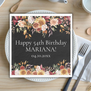 Fall Foliage Flowers Black Birthday Party Napkins