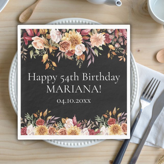 Fall Foliage Flowers Black Birthday Party Napkins (Creator Uploaded)