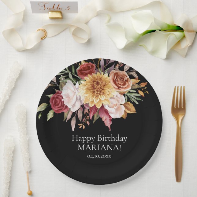 Fall Foliage Flowers Black Birthday Party Paper Plates (Wedding)