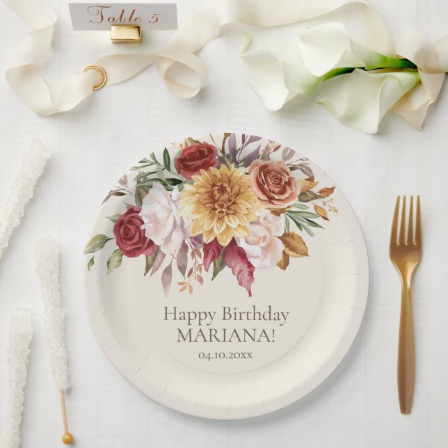 Fall Foliage Flowers Ivory Birthday Party Paper Plates (Wedding)