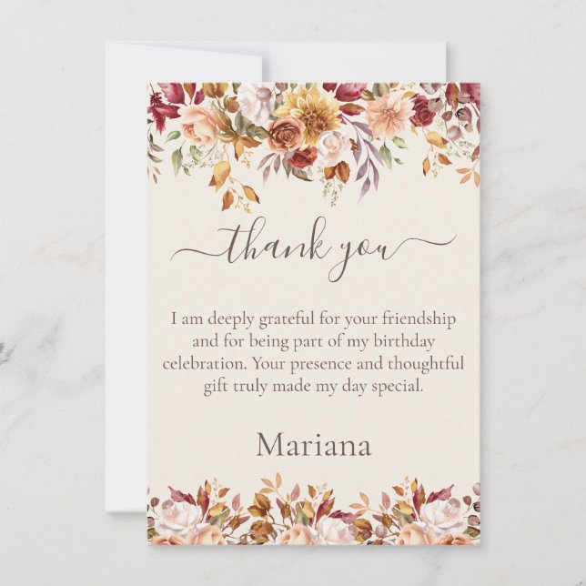 Fall Foliage Flowers Ivory Thank You Card (Front)
