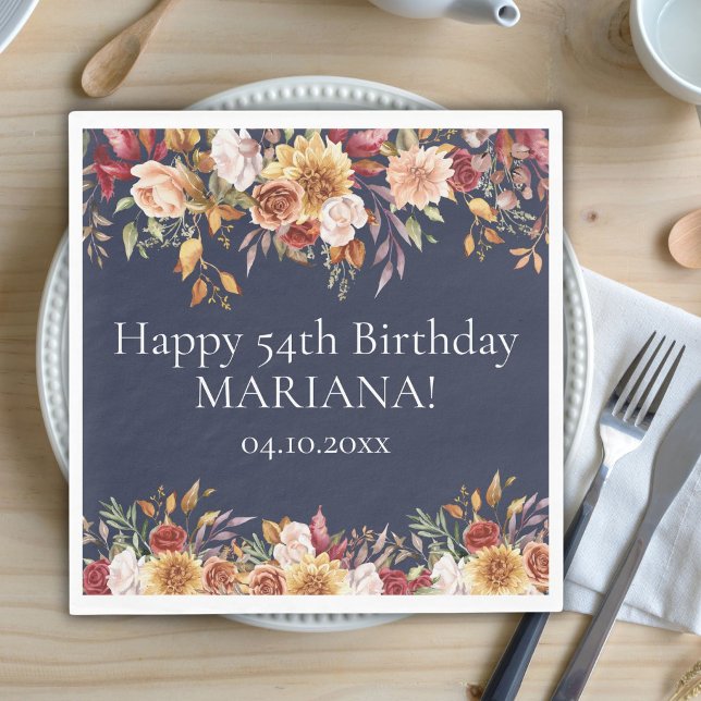Fall Foliage Flowers Navy Blue Birthday Party Napkins (Creator Uploaded)