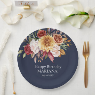 Fall Foliage Flowers Navy Blue Birthday Party Paper Plates