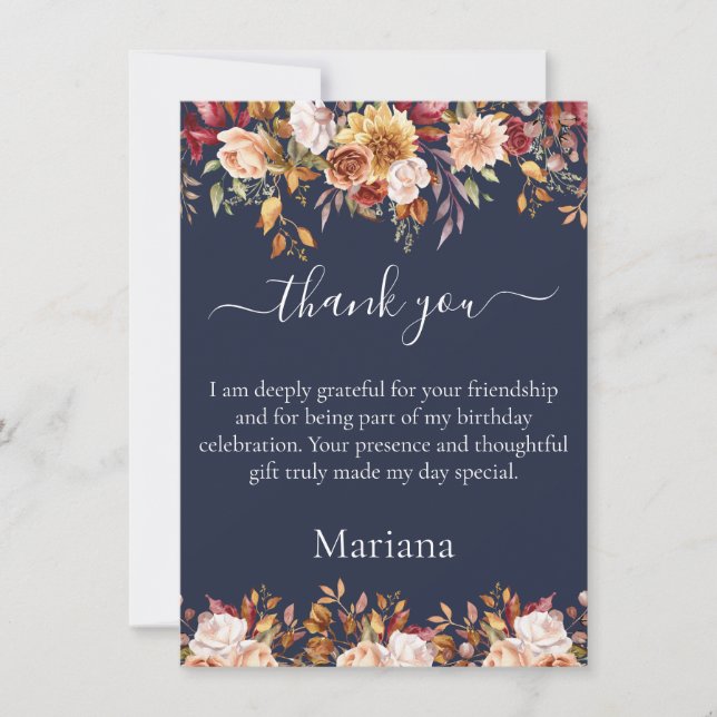 Fall Foliage Flowers Navy Blue Thank You Card (Front)