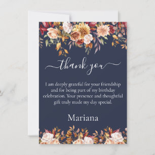 Fall Foliage Flowers Navy Blue Thank You Card