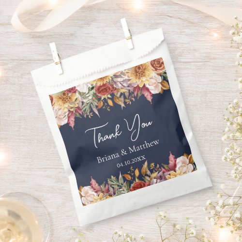 Fall Foliage Flowers Navy Blue Wedding  Favor Bag