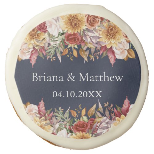 Fall Foliage Flowers Navy Blue Wedding  Sugar Cookie