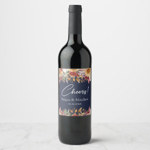Fall Foliage Flowers Navy Blue Wedding Wine Label