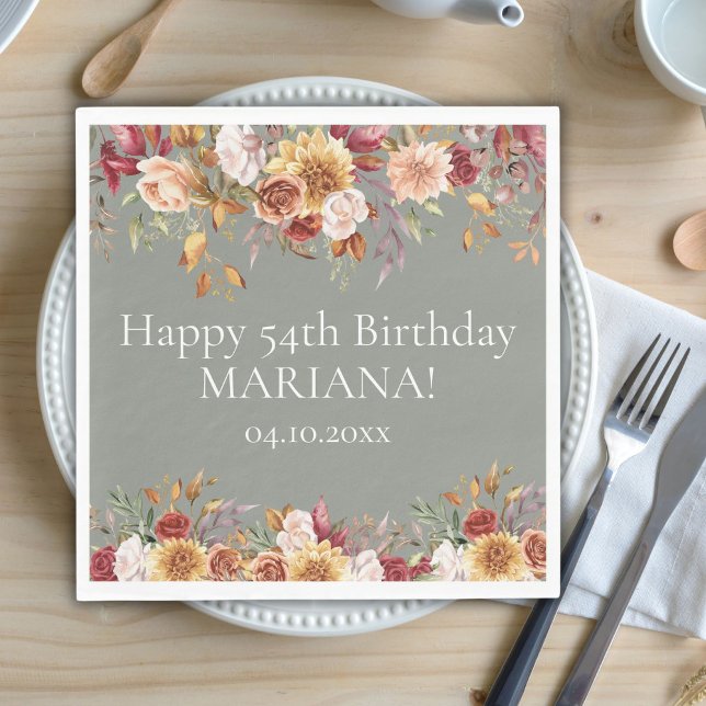 Fall Foliage Flowers Sage Green Birthday Party Napkins (Creator Uploaded)