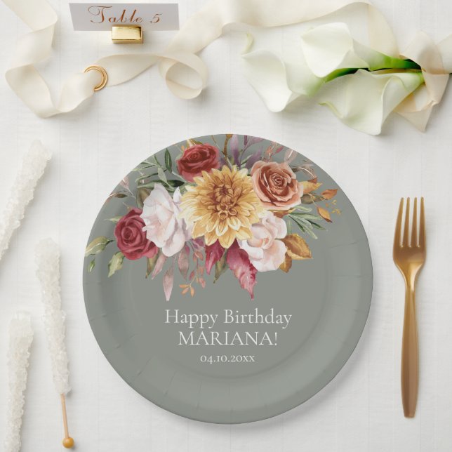 Fall Foliage Flowers Sage Green Birthday Party Paper Plates (Wedding)