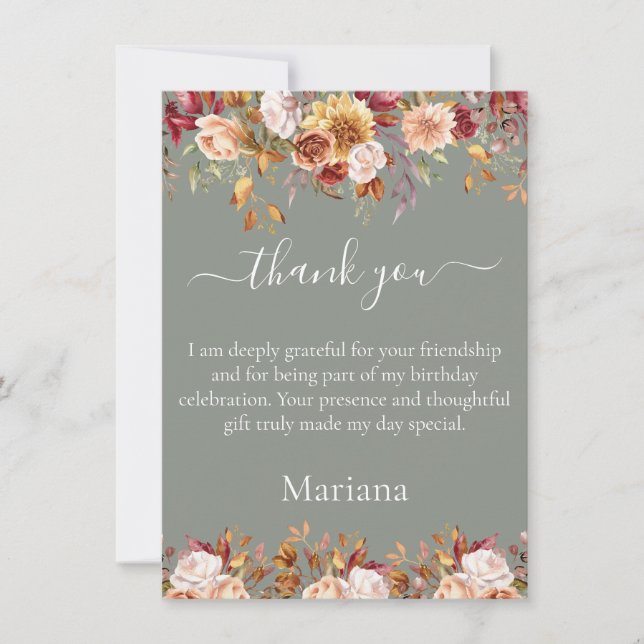 Fall Foliage Flowers Sage Green Thank You Card (Front)