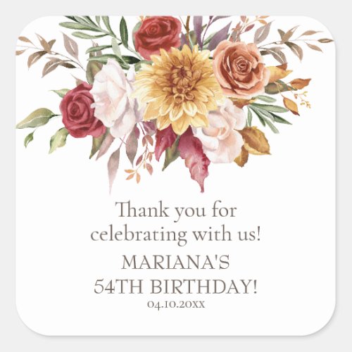 Fall Foliage Flowers White Birthday Party Favor Square Sticker