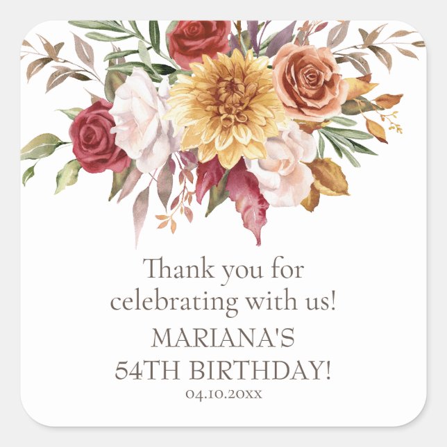 Fall Foliage Flowers White Birthday Party Favor Square Sticker (Front)