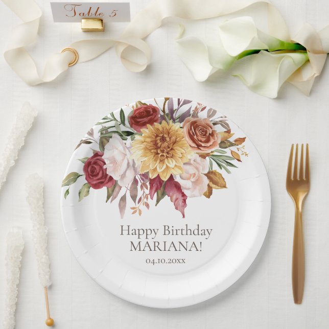 Fall Foliage Flowers White Birthday Party Paper Plates (Wedding)
