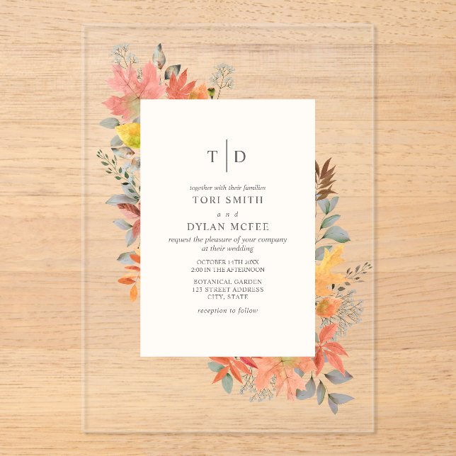 Fall Foliage Leaves Fall Monogram Wedding  Acrylic Invitations (Front)