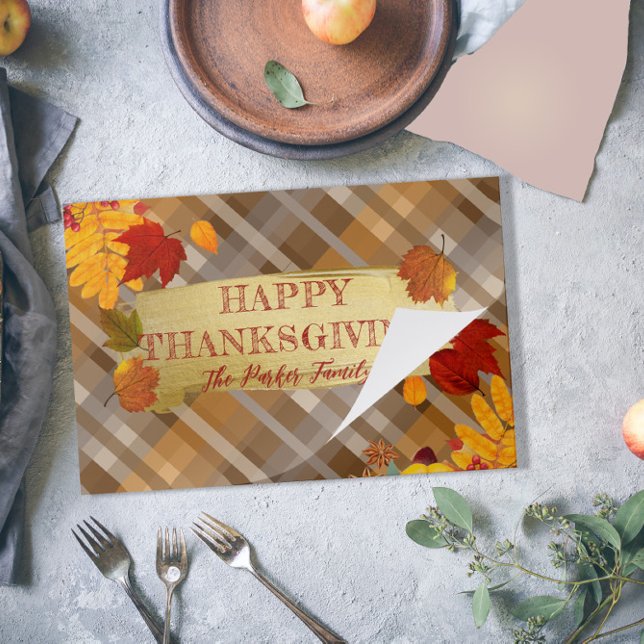 Fall Foliage On Plaid Thanksgiving Paper Placemat (Creator Uploaded)