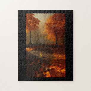 Fall foliage orange golden leaves lane through jigsaw puzzle