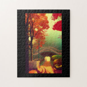 Fall foliage over bridge over turquoise water jigsaw puzzle