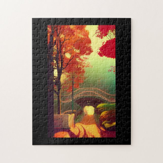 Fall foliage over bridge over turquoise water jigsaw puzzle (Vertical)