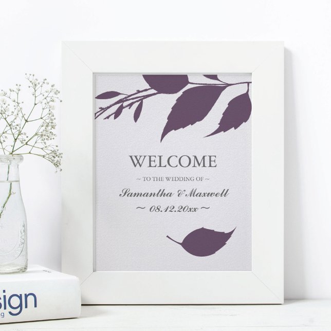 Fall Foliage Plum Purple Leaves Wedding Welcome Poster (welcome sign for weddings purple leaves
)