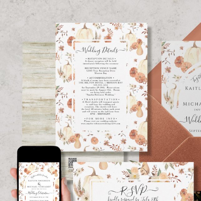 Fall Foliage Pumpkin Floral Watercolor Details Invitation (Creator Uploaded)