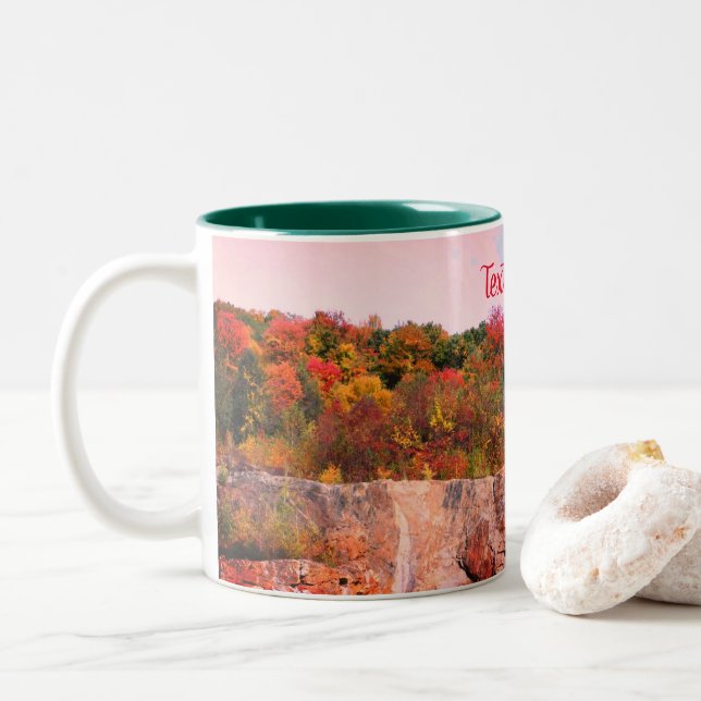Fall Foliage Rock Cliff Nature Personalized Two-Tone Coffee Mug (With Donut)
