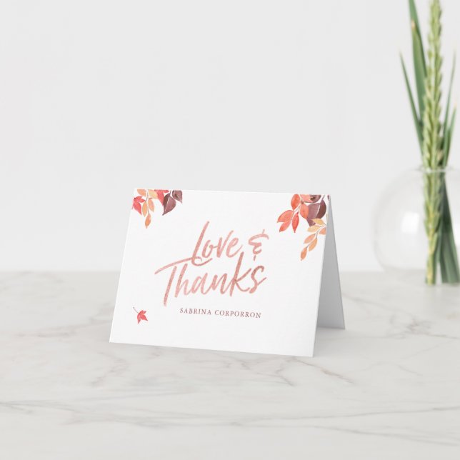 Fall Foliage Rose Gold Love & Thanks Thank You Card (Front)