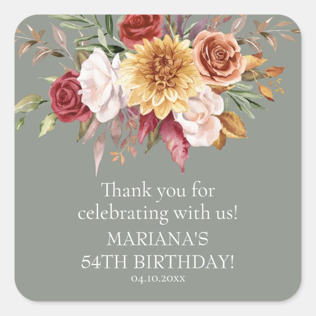 Fall Foliage Sage Green Birthday Party Favor Square Sticker (Front)