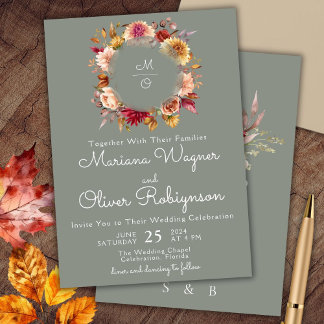 Fall Foliage Sage Green Floral Wedding Invitation