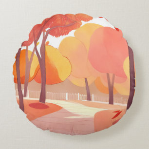 Fall Foliage Stroll Abstract Watercolor Round Pillow