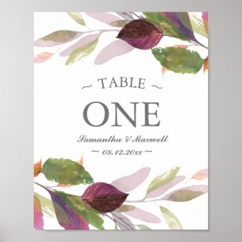 Fall Foliage Watercolor Leaves Table Number Poster by VGInvites at Zazzle