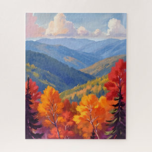 Fall Foliage Watercolor Mountain Landscape Jigsaw Puzzle