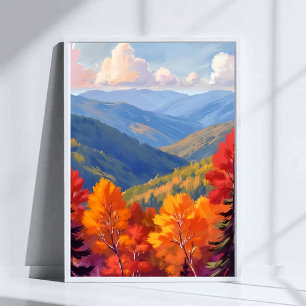 Fall Foliage Watercolor Mountain Landscape Poster