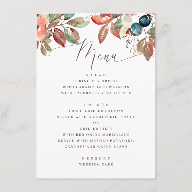 Fall Foliage Watercolor Wedding | Autumn Leaves Menu (Front)