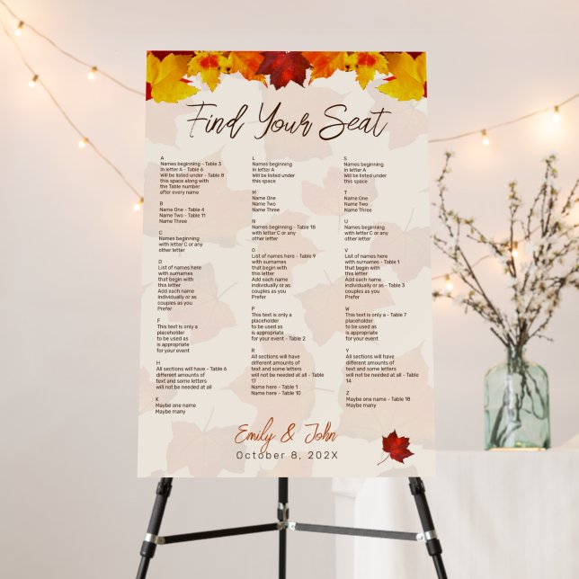 Fall Foliage Wedding Alphabetical Seating Chart Foam Board (In Situ (Stand))