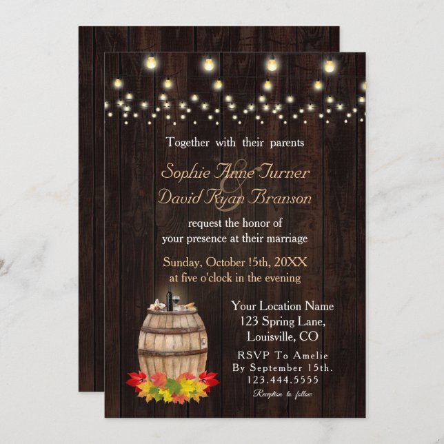 Fall Foliage Wine Barrel Vineyard Wedding Invitation (Front/Back)