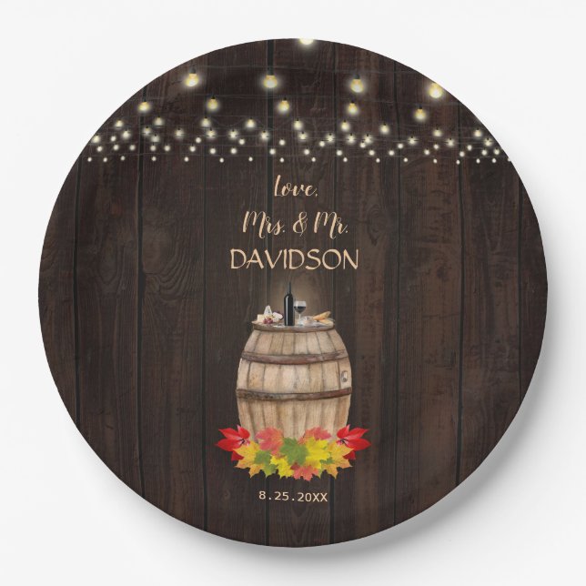 Fall Foliage Wine Barrel Vineyard Wedding Paper Plates (Front)