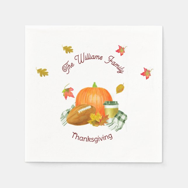Fall Football Pumpkin Latte Watercolor Napkins (Front)