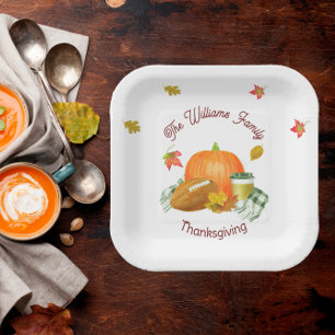 Fall Football Pumpkin Latte Watercolor Paper Plates