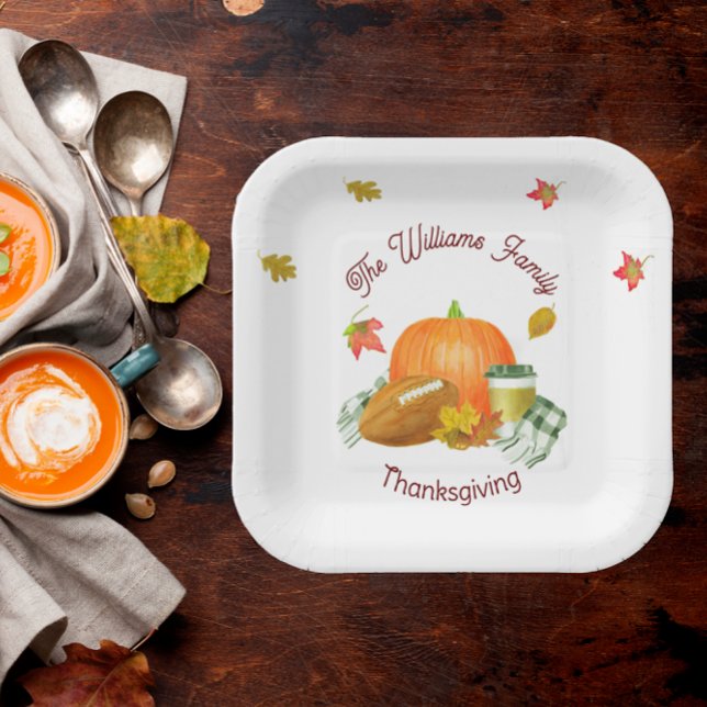 Fall Football Pumpkin Latte Watercolor Paper Plates (Creator Uploaded)