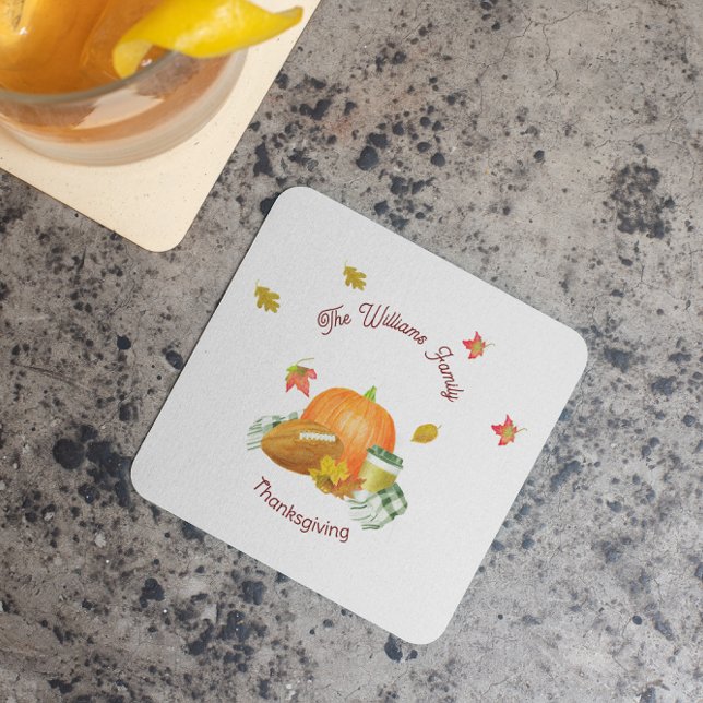 Fall Football Pumpkin Latte Watercolor Square Paper Coaster (Creator Uploaded)