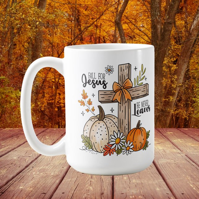 Fall for Jesus Autumn Christian Cross  Coffee Mug ("Fall for Jesus, He never leaves" Christian cross and pumpkins autumn/Thanksgiving mug)