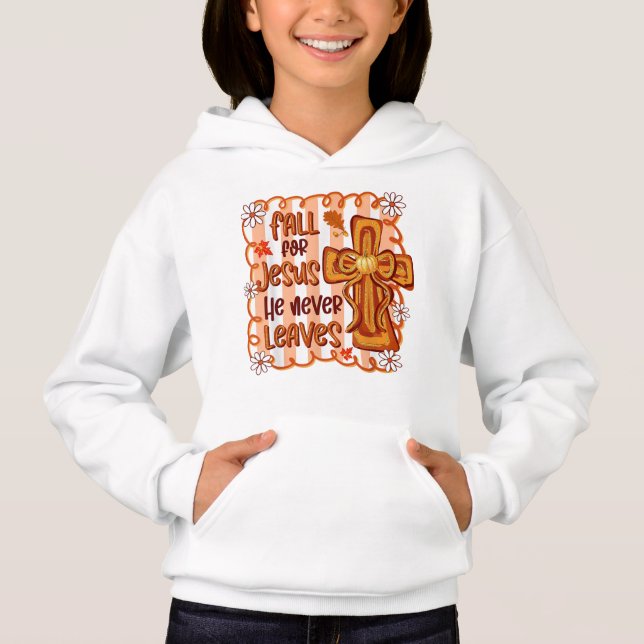 Fall for Jesus – He Never Leaves Autumn Faith Hoodie (Front)