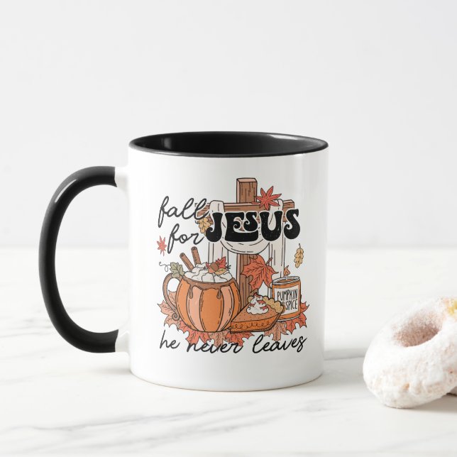 Fall For Jesus He Never Leaves, Christian Fall Mug (With Donut)